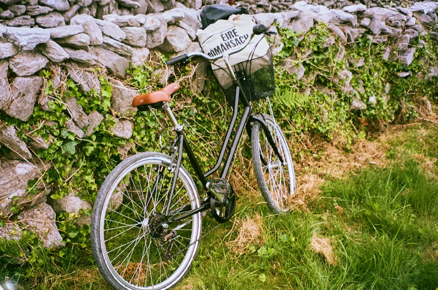 A vintage bicycle rests against a stone wall, symbolising the serene exploration of Inis Oírr during wellness retreats by Éalú Aran, surrounded by lush greenery and natural beauty.